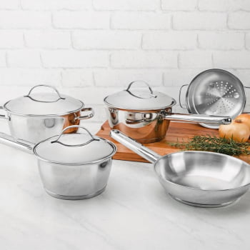 Jogo de Panelas Tramontina Allegra em Aço Inox com Fundo Triplo e Tampas de Inox 5 Peças 65650280