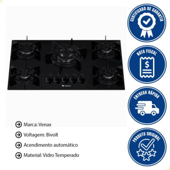 Cooktop Venax Arena 5 Queimadores Vidro Temperado Preto Gás GLP 7288