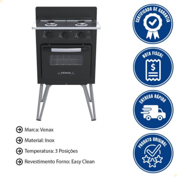 Fogão a Gás Venax Gemini 2 Queimadores Vetro Preto Fosco Gás GLP 7509