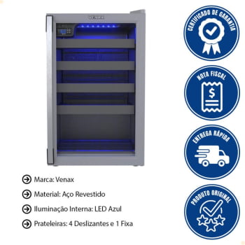 Adega Venax Piubella Cave 24 Garrafas Com 4 Prateleiras Deslizantes LED Azul 100L Cinza 127V 7829