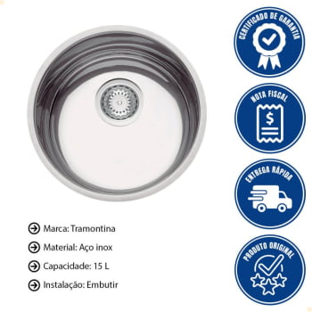 Cuba Redonda Tramontina Luna 35 BL Prime em Aço Inox Alto Brilho 35 cm com Válvula 94012202