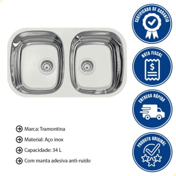 Cuba Dupla Tramontina Isis 2C 34 BL Prime em Aço Inox Alto Brilho 72x40 cm com Válvula 94030203
