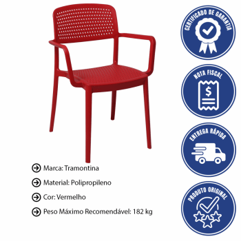 Kit 4 Cadeira Tramontina Serena Em Polipropileno Cor Vermelho Com Braços 92097040