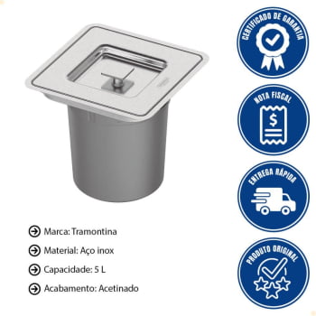 Lixeira de Embutir Tramontina Clean Square em Aço Inox com Balde Plástico 5 Litros 94518205