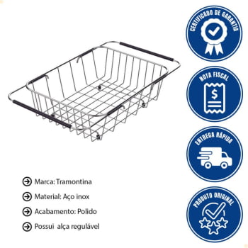 Cesto Aramado Retangular Tramontina Inox com Alça Regulável para Cubas e Pias 42x33x16 cm 94528030
