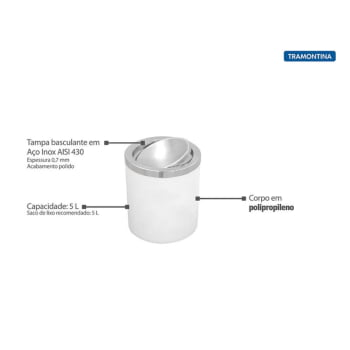 Lixeira Tramontina Útil Basculante em Aço Inox com Acabamento Acetinado Corpo em Polipropileno B 5 L