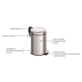 Lixeira com Pedal Tramontina Brasil em Inox Polido e Balde Interno Removível 3 L 94538103