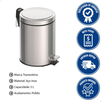 Lixeira com Pedal Tramontina Brasil em Inox Polido e Balde Interno Removível 5 L 94538105