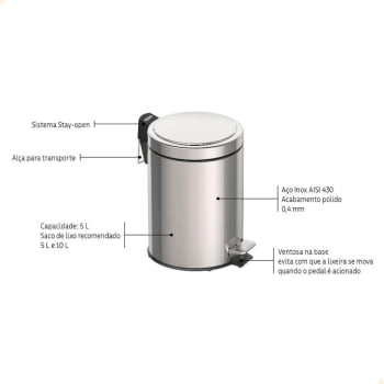 Lixeira com Pedal Tramontina Brasil em Inox Polido e Balde Interno Removível 5 L 94538105