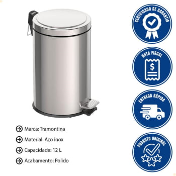 Lixeira com Pedal Tramontina Brasil em Inox Polido e Balde Interno Removível 12 L 94538112