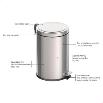 Lixeira com Pedal Tramontina Brasil em Inox Polido e Balde Interno Removível 20 L  94538120
