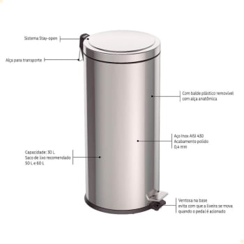 Lixeira com Pedal Tramontina Brasil em Inox Polido e Balde Interno Removível 30 L 94538130