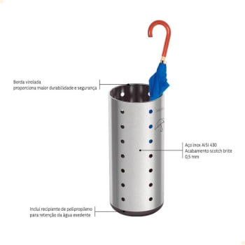 Porta Guarda-Chuva Tramontina Cápsula Dry em Aço Inox com Acabamento Scotch Brite 15 L  94540602