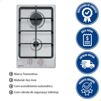 Cooktop à Gás Tramontina Dominó  2GX HE Safestop 30 Inox 2 Queimadores 94700214