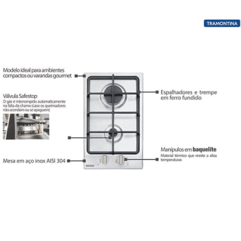 Cooktop à Gás Tramontina Dominó  2GX HE Safestop 30 Inox 2 Queimadores 94700214