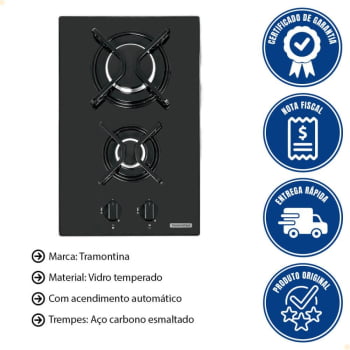 Cooktop a Gás Tramontina Dominó 2GG 30 com Vidro Temperado Preto 2 Queimadores 94702201