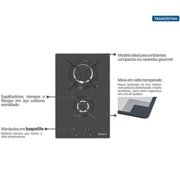Cooktop a Gás Tramontina Dominó 2GG 30 com Vidro Temperado Preto 2 Queimadores 94702201