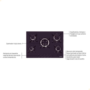 Cooktop à Gás Tramontina Penta B 5GG TRI 70 Vidro Temperado Preto 5 Queimadores 94708201