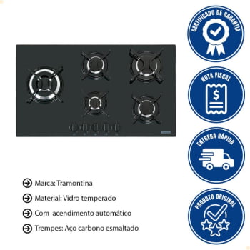 Cooktop a Gás Tramontina Penta Side Plus W 5GG Tri 90  Vidro Preto 5 Queimadores 94709301
