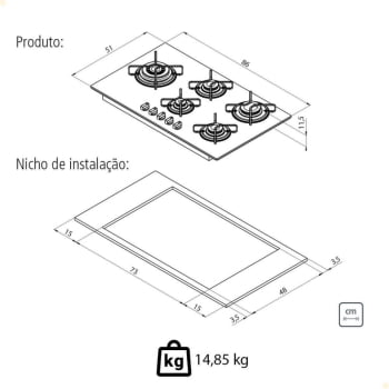 Cooktop a Gás Tramontina Penta Side Plus W 5GG Tri 90  Vidro Preto 5 Queimadores 94709301