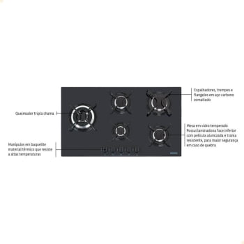 Cooktop a Gás Tramontina Penta Side Plus W 5GG Tri 90  Vidro Preto 5 Queimadores 94709301