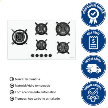 Cooktop a Gás Tramontina Penta Side Plus W 5GG Tri 90 Vidro Branco 5 Queimadores 94709371