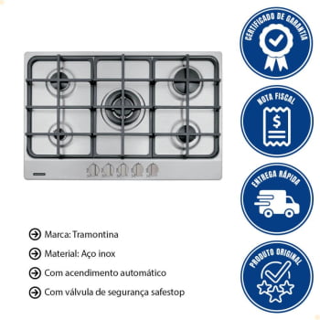 Cooktop a Gás Tramontina New Penta  5GX TRI HE 75 Safestop Inox 5 Queimadores 94716114