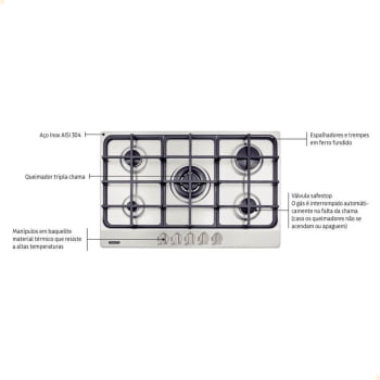 Cooktop a Gás Tramontina New Penta  5GX TRI HE 75 Safestop Inox 5 Queimadores 94716114