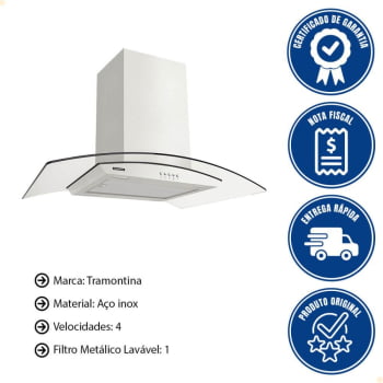 Coifa de Ilha Tramontina New Vetro Isla em Aço Inox e Vidro Temperado 90 cm 127V 95800019