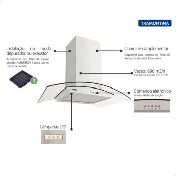 Coifa de Ilha Tramontina New Vetro Isla em Aço Inox e Vidro Temperado 90 cm 127V 95800019
