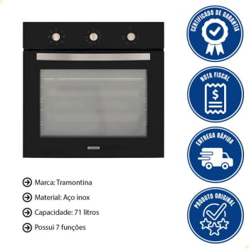 Forno Elétrico de Embutir Tramontina New Glass Cook  B 60 F7 em Vidro Preto 7 Funções 71 L 220V
