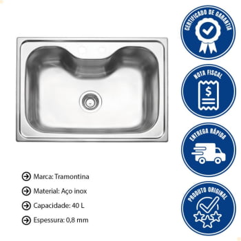 Cuba Tramontina Morgana 60 FX 69x49 cm Inox com Lixeira Tábua Dosador Cesto e Válvula 94990002