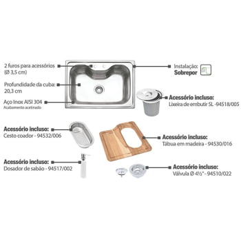 Cuba Tramontina Morgana 60 FX 69x49 cm Inox com Lixeira Tábua Dosador Cesto e Válvula 94990002