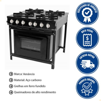 Fogão Industrial Venâncio Bravo a Gás 4 Bocas com Forno Preto Esmaltado BR4BFPR 16627