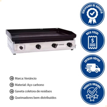 Chapa Bifeteira Venâncio em Aço Inox Deguste Luxo A Gás 80x50 cm com espessura de 6.35mm C80 14219