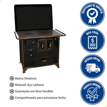 Fogão a Lenha Venâncio Barroco Preto Gabinete Nº03 Lado Direito com Tampa FL3GBRCX