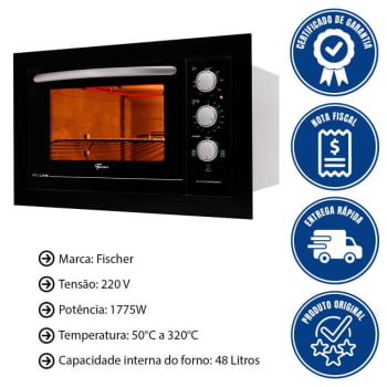 Kit Forno Elétrico 48L + Micro-Ondas 25L Fischer Fit Line Embutir Preto 220V Kit Forno Elétrico 48L + Micro-Ondas 25L Fischer Fit Line Embutir Preto 220V