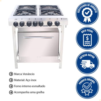 Fogão Industrial Venâncio a Gás Inox Extra 4 Bocas com Forno Painel EI4D2F