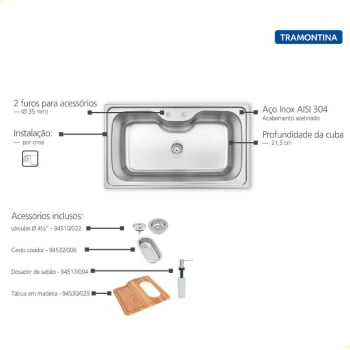 Cuba de Sobrepor Tramontina Morgana Maxi 78 FX 86x50cm em Aço Inox com Acabamento Acetinado 93801102