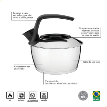Chaleira Tramontina em Aço Inox com Fundo Triplo Cabo Preto 1,5 Litros 61485160