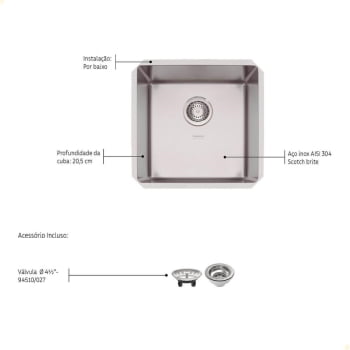 Cuba Embutir Tramontina Design Collection Quadrum Undermount Aço Inox Scotch Brite 40x40 cm 94005112