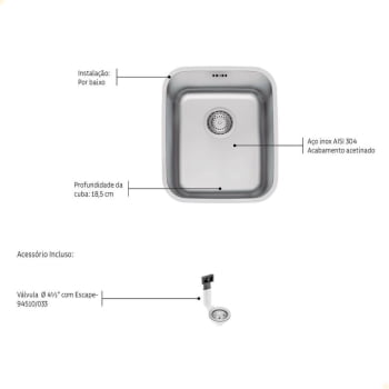 Cuba de Embutir Tramontina Dora 34 BL R6 em Aço Inox Acetinado com Válvula e escape 34x40cm 94017123