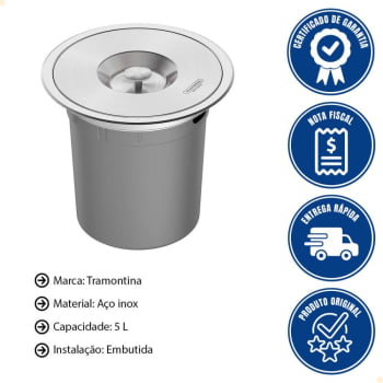 kit Lixeira de Embutir Tramontina em Aço Inox com Balde Plástico 5 L e Dosador de Sabão 500 ml 