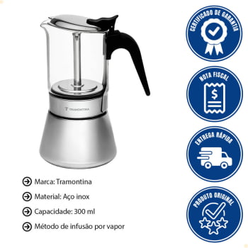 Cafeteira Italiana Tramontina Em Inox e Vidro Borossilicato Para Espresso 300 ml 61768060