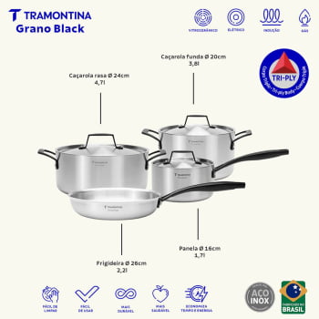 Jogo de Panelas Tramontina Grano Black em Aço Inox Corpo Triplo 4 Peças 65580000