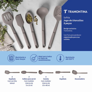 Jogo De Utensílios Tramontina Softta Em Silicone Cinza 5 Peças 25899600