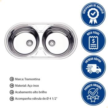 Cuba de Embutir ou Sobrepor Tramontina Luna Duo 2C 36 BS Prime Alto Brilho 84x44 cm Válvula e Sifão 