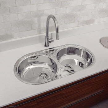 Cuba de Embutir ou Sobrepor Tramontina Luna Duo 2C 36 BS Prime Alto Brilho 84x44 cm Válvula e Sifão 