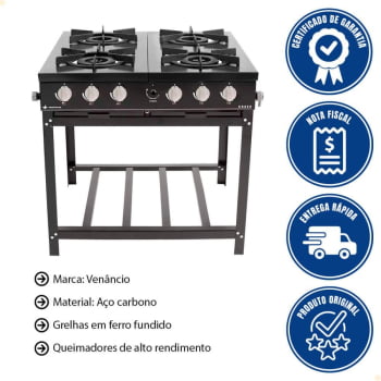 Fogão Industrial Venâncio à Gás Bravo 4 Bocas Preto Esmaltado BR4BPR