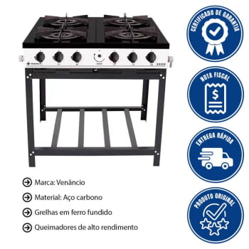 Fogão Industrial Venâncio à Gás Bravo 4 Bocas Branco Esmaltado BR4BBR